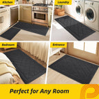 JSEI Non-Slip Kitchen Rugs, Self Adhesive No Sliding Kitchen Mats Set of 2, Soft Washable Absorbent Floor Mat for Kitchen, Bathroom, Laundry Room, Bedroom, 24”x36”+24”x60”, Dark Grey, Diamond Pattern