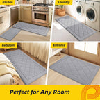 JSEI Non-Slip Kitchen Rugs, Self Adhesive No Sliding Kitchen Mats Set of 2, Soft Washable Absorbent Floor Mat for Kitchen, Bathroom, Laundry Room, Bedroom, 20”x32”+20”x48”, Light Grey, Diamond Pattern