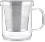 Teabloom Premium Borosilicate Glass Mug with Stainless Steel Loose Leaf Tea Infuser and Lid/Dish - 8 Ounces (240 mL)