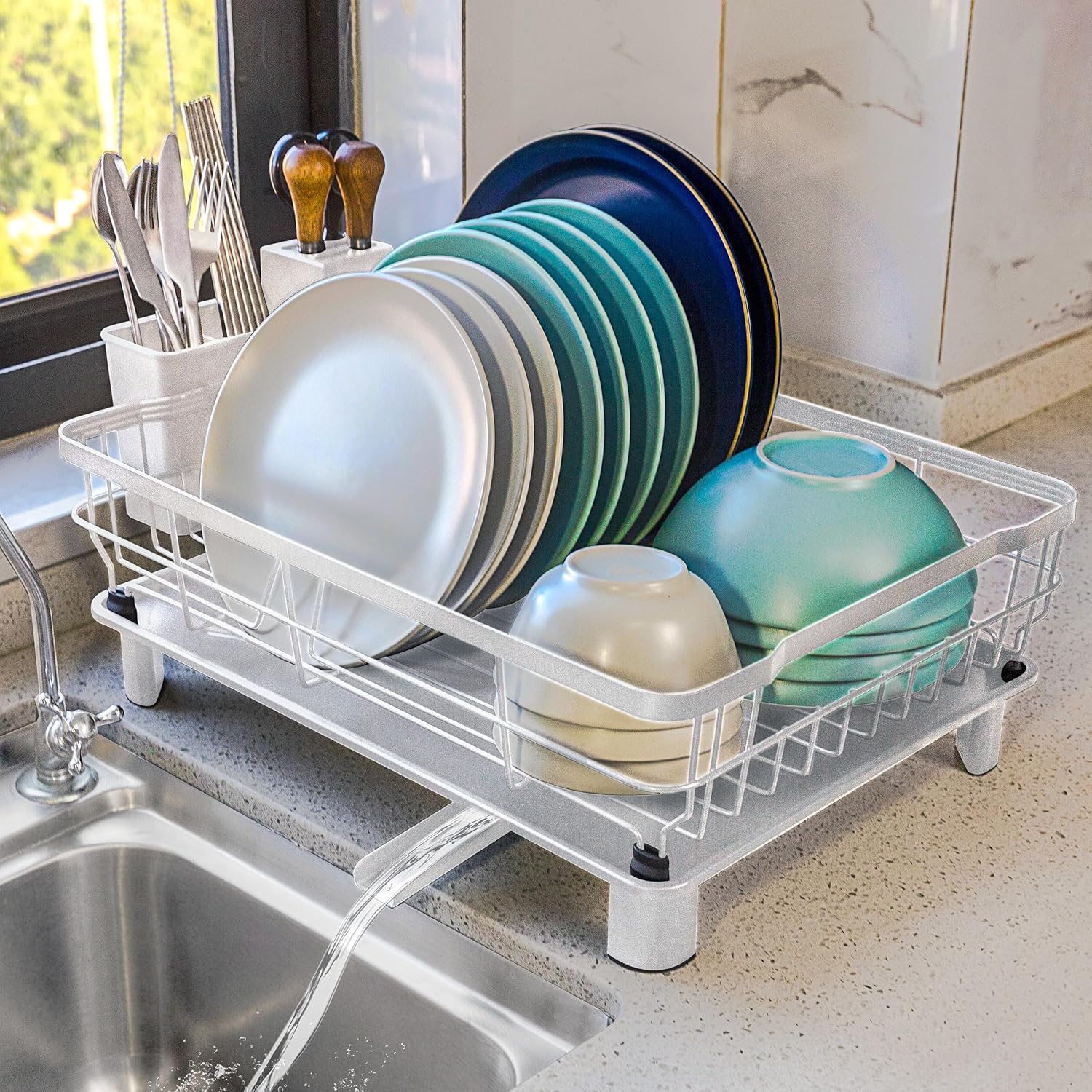 Dish Drying Rack for Kitchen Counter,Space-Saving Dish Rack with Drainboard,Rustproof Countertop Dish Drainer with Utensil Holder for Sink,White