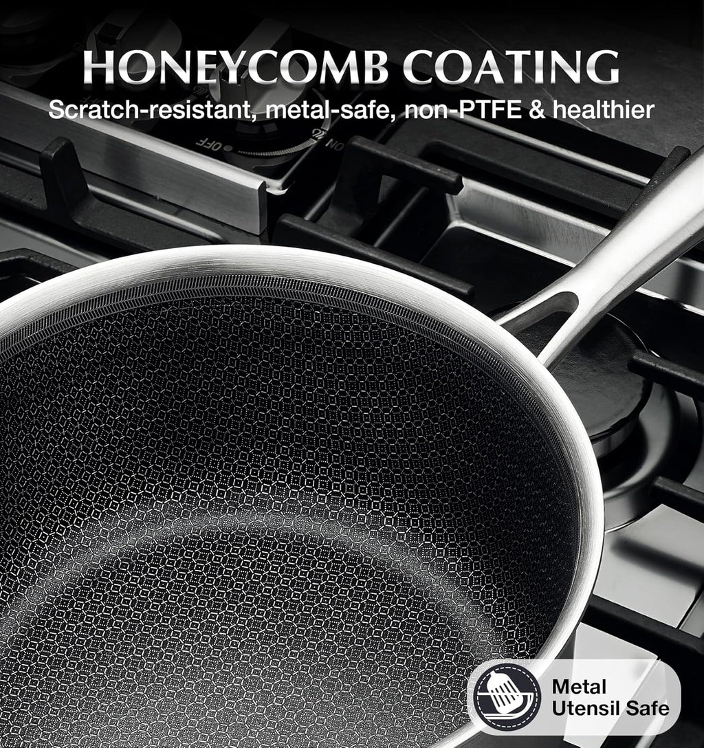 KOCH SYSTEME CS Hybrid Nonstick Stainless Steel Saucepan, 2 Quart Tri-Ply Stainless Steel Sauce Pan with Nonstick Honeycomb Interior, Hybrid Sauce Pan with Lid, Small Steel Pot, Induction Compatible