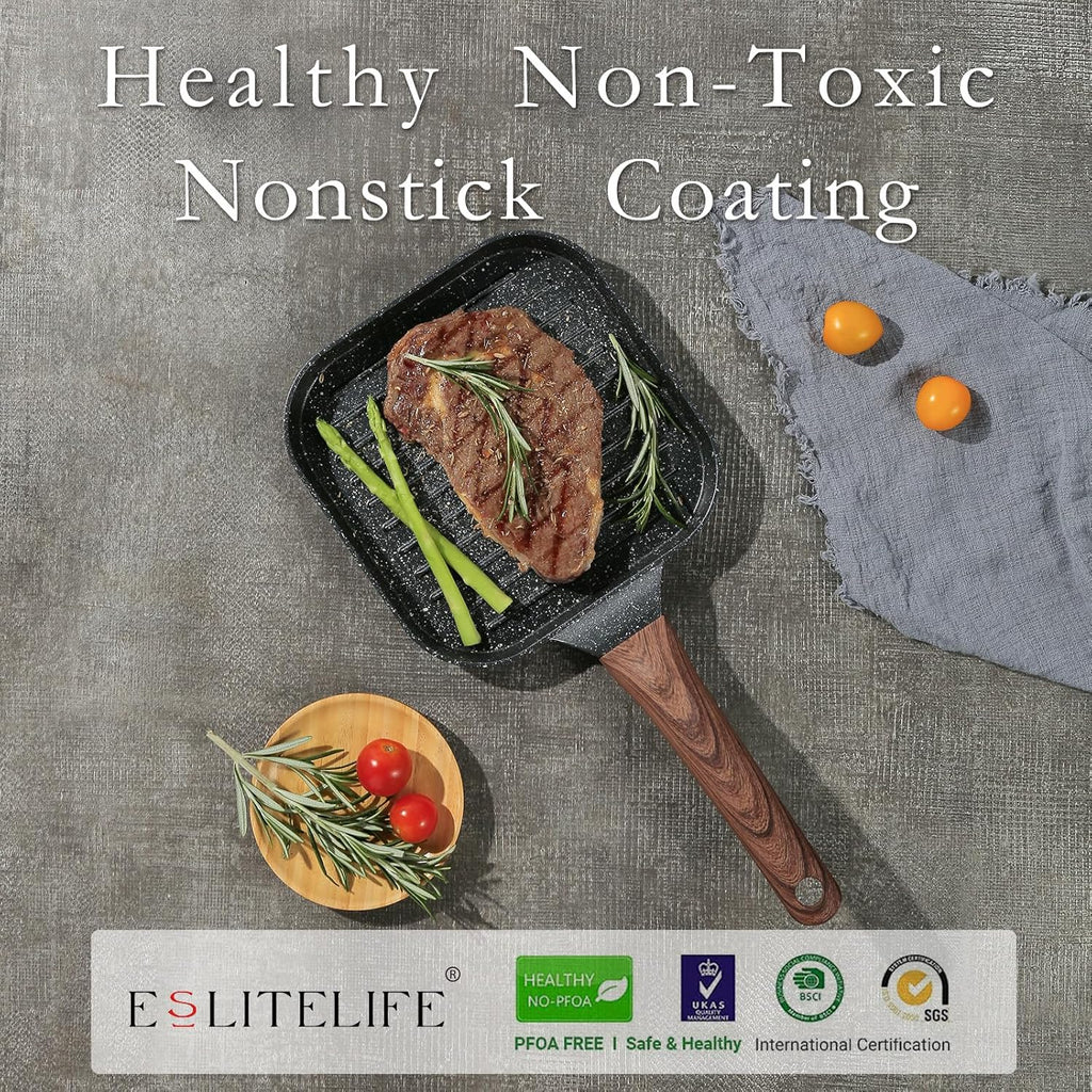 ESLITE LIFE 7 Inch Nonstick Small Grill Pan for Indoor Cooking, Versatile Induction Square Grilling Skillet Steak Pan for Stove Tops, PTFE & PFOA Free, Black