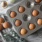 Muffin Cake Pan, Non-Stick 12-Cavity Chestnut-Shaped Bakeware for Oven Baking (Champagne Gold)