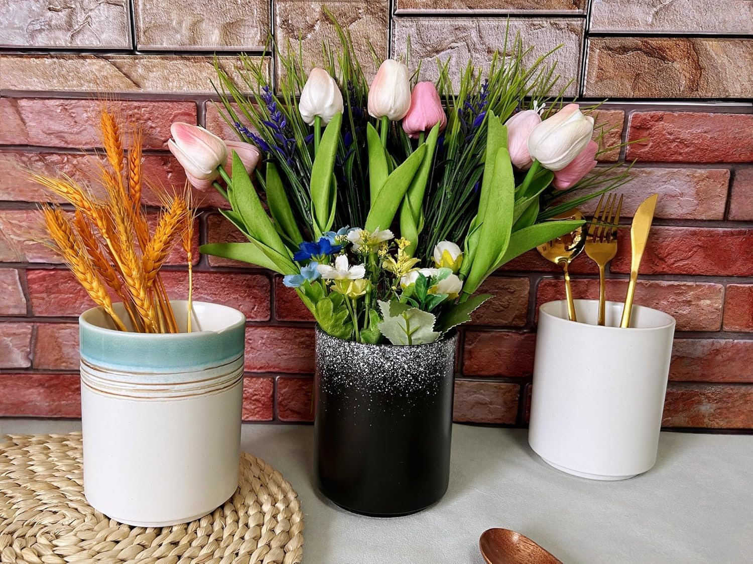 Medium Stoneware Kitchen Utensil Holder for Kitchen Counter Short Cooking Utensil Holder for Countertop Spatula Holder Small Utensil Crock Cutlery Holder Silverware Caddy Flower Vase (White)