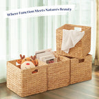 BLUEWEST Water Hyacinth Storage Basket (Set of 4) Woven Hyacinth Storage Basket, Laundry Water Hyacinth Bin for Organizing with Carrying Handles, Rattan for Shelves