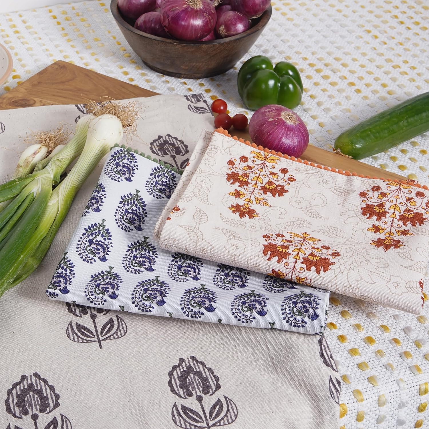 Printed Kitchen Dish Bar and Tea Towels Cotton, 18x28 inch with Trims, Cotton Dish Towel Sets (Multicolor Motif, Set of 3)