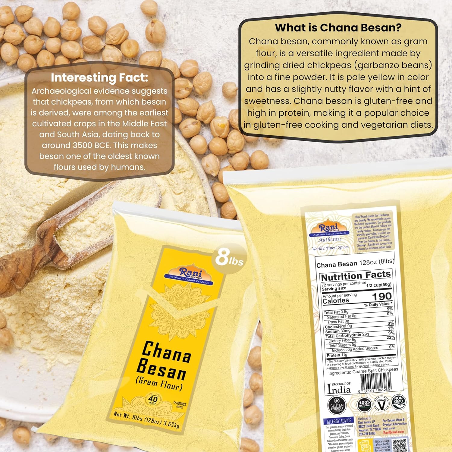 Rani Chana Besan (Chickpeas Flour, Gram) 128oz (8lbs) 3.63kg Bulk ~ All Natural | Vegan | Gluten Friendly | NON-GMO | Kosher | Indian Origin