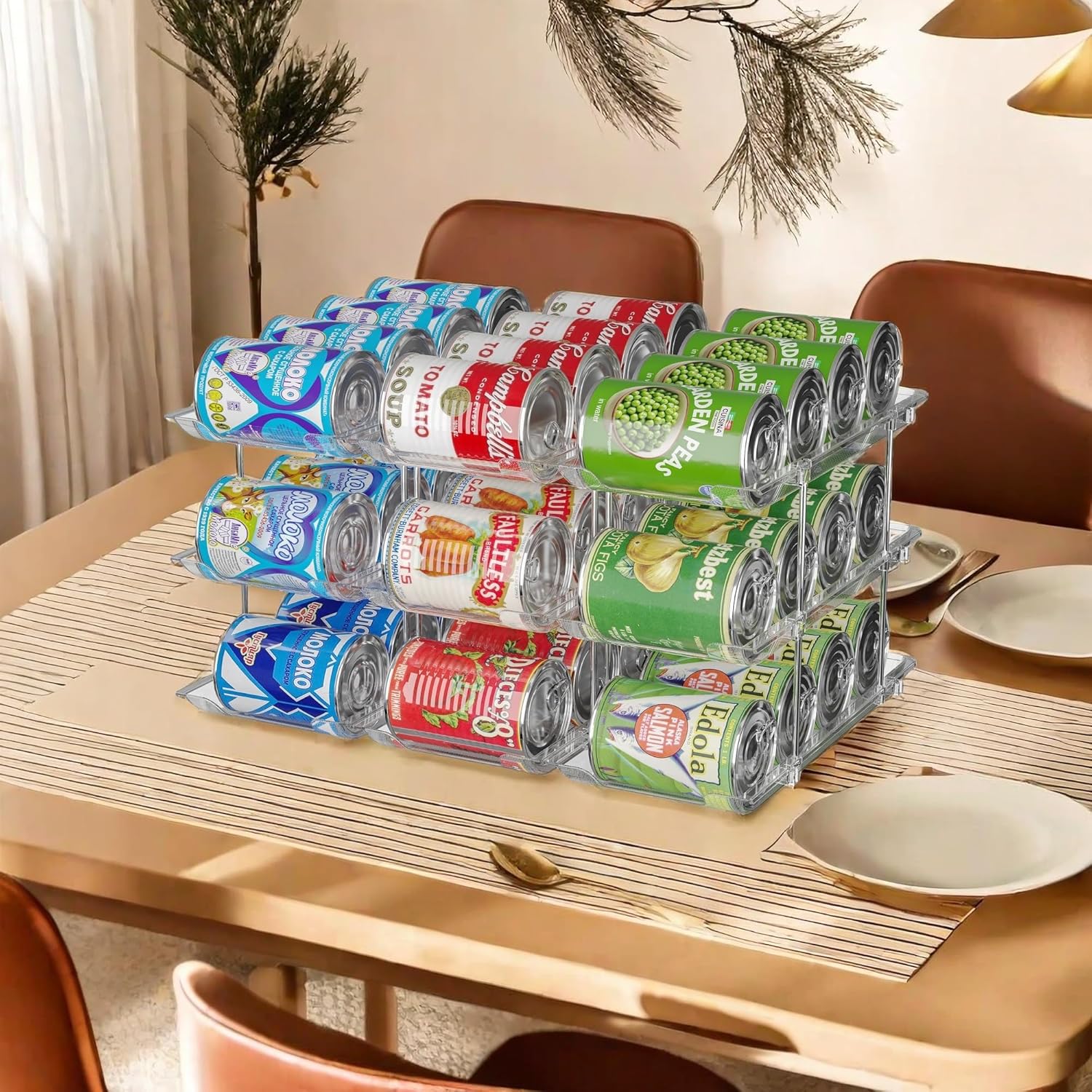 Can Organizer for Pantry Free combination Can Dispenser,Clear 3 Tier Storage Rack for 36 Cans Suitable for Cabinet Pantry Fridge Countertop (3 * 3)