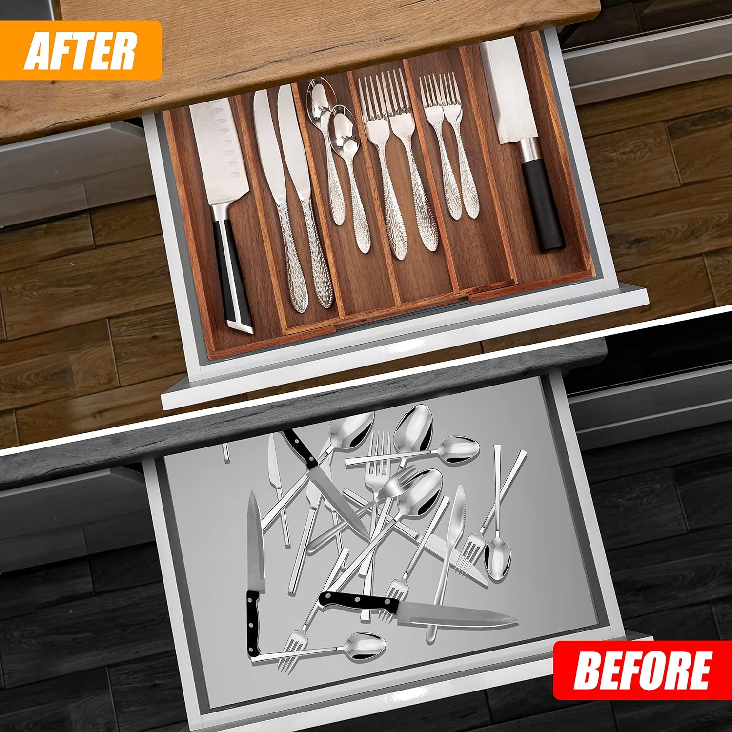 Bellsal Acacia Silverware Organizer Kitchen Drawer Organizer Expandable Bamboo Utensil Holder Cutlery Tray for Kitchen Utensil and Flatware Bedroom Office