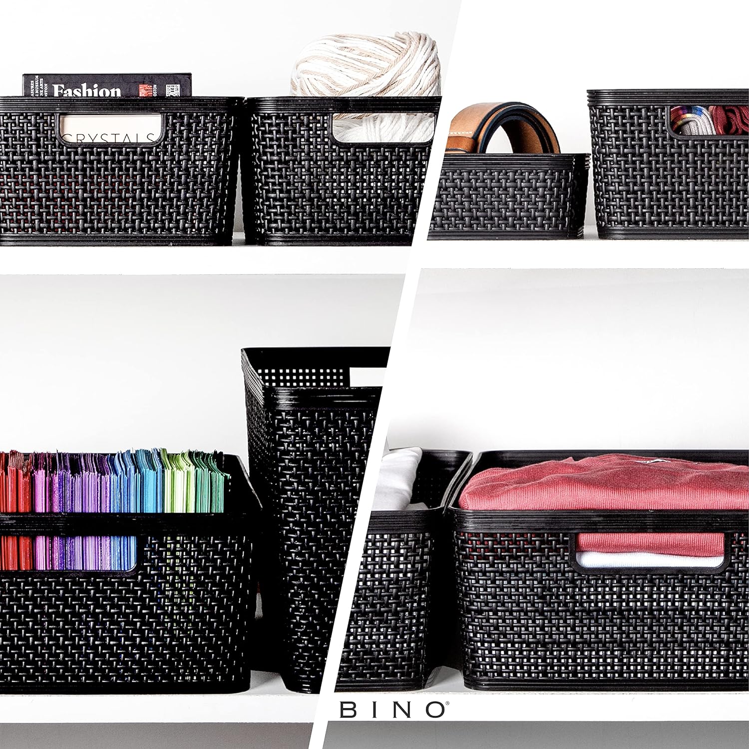 BINO | Woven Plastic Basket | Medium (Black), 4-Pack | THE JUTE COLLECTION | Home Organization, Space - Saving Storage, Stylish Design | Jute Basket | Plastic Storage Basket
