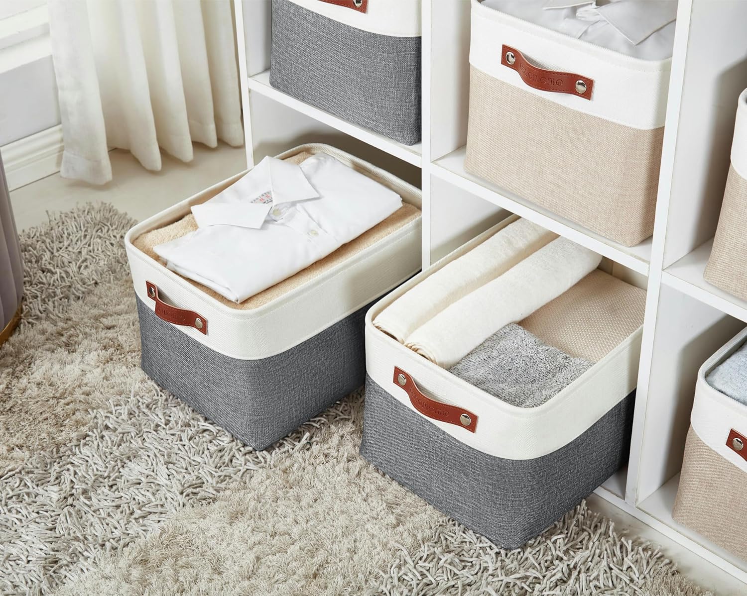 DECOMOMO Storage Baskets for Shelves - Fabric Storage Bins, Linen Closet Organizers and Storage (Slate Grey & White, Large - 3 Pack)