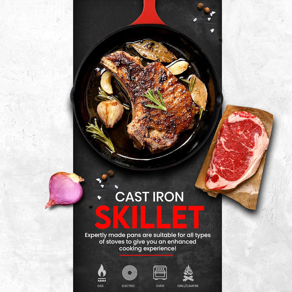 Utopia Kitchen Cast iron Skillets 3 Piece Set,Chefs Pan, Pre Seasoned Cast iron Skillets, 6, 8 & 10 Inches, Easy Use in the Oven, Stove, Grill, or Campfire, Red