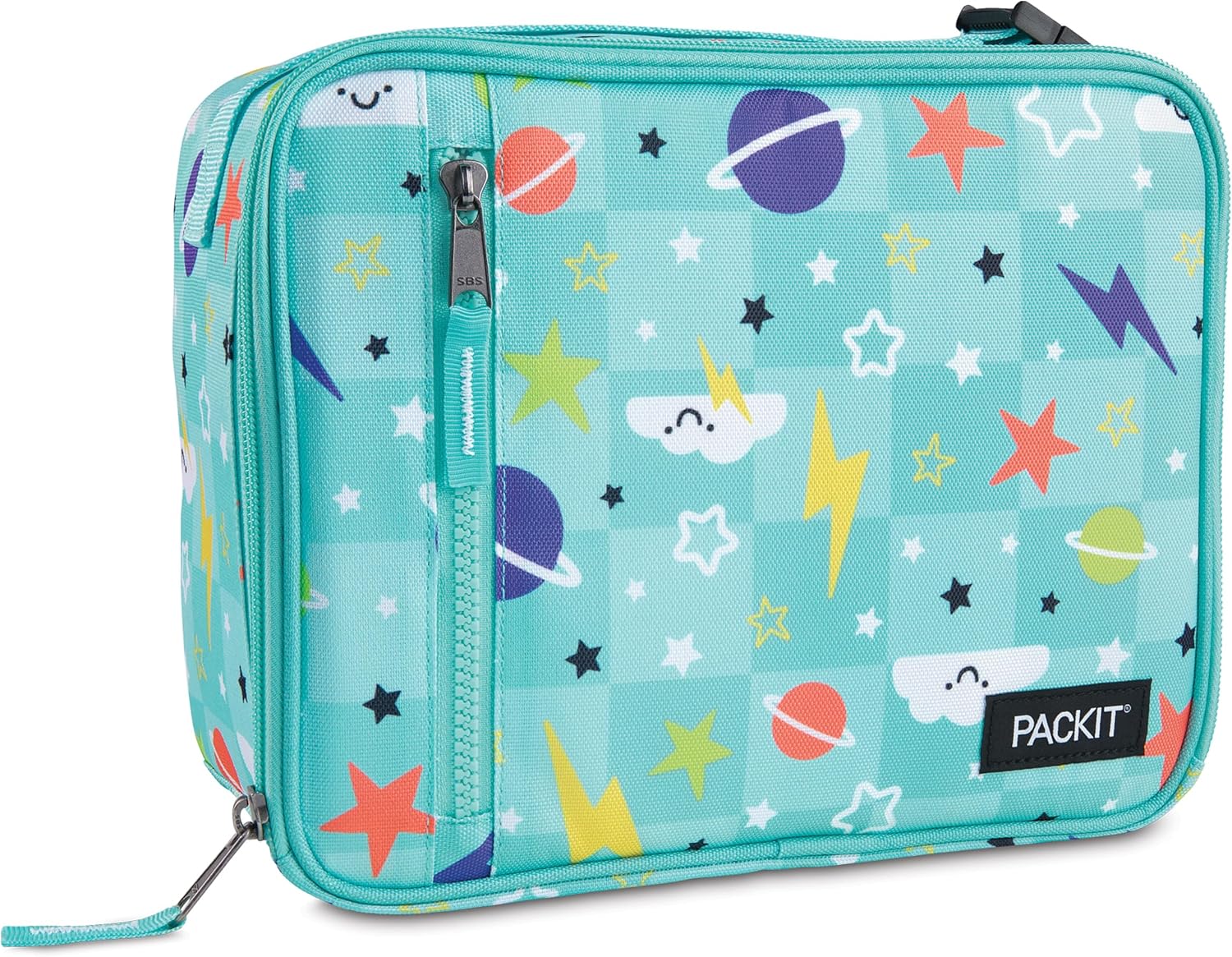 PackIt Freezable Classic Lunch Box, Happy Clouds, Built with ECOFREEZE Technology, Fully Freezable, Collapsible, Reusable, With Zip Front Pocket and Buckle Handle, Designed for Fresh Lunch On the Go