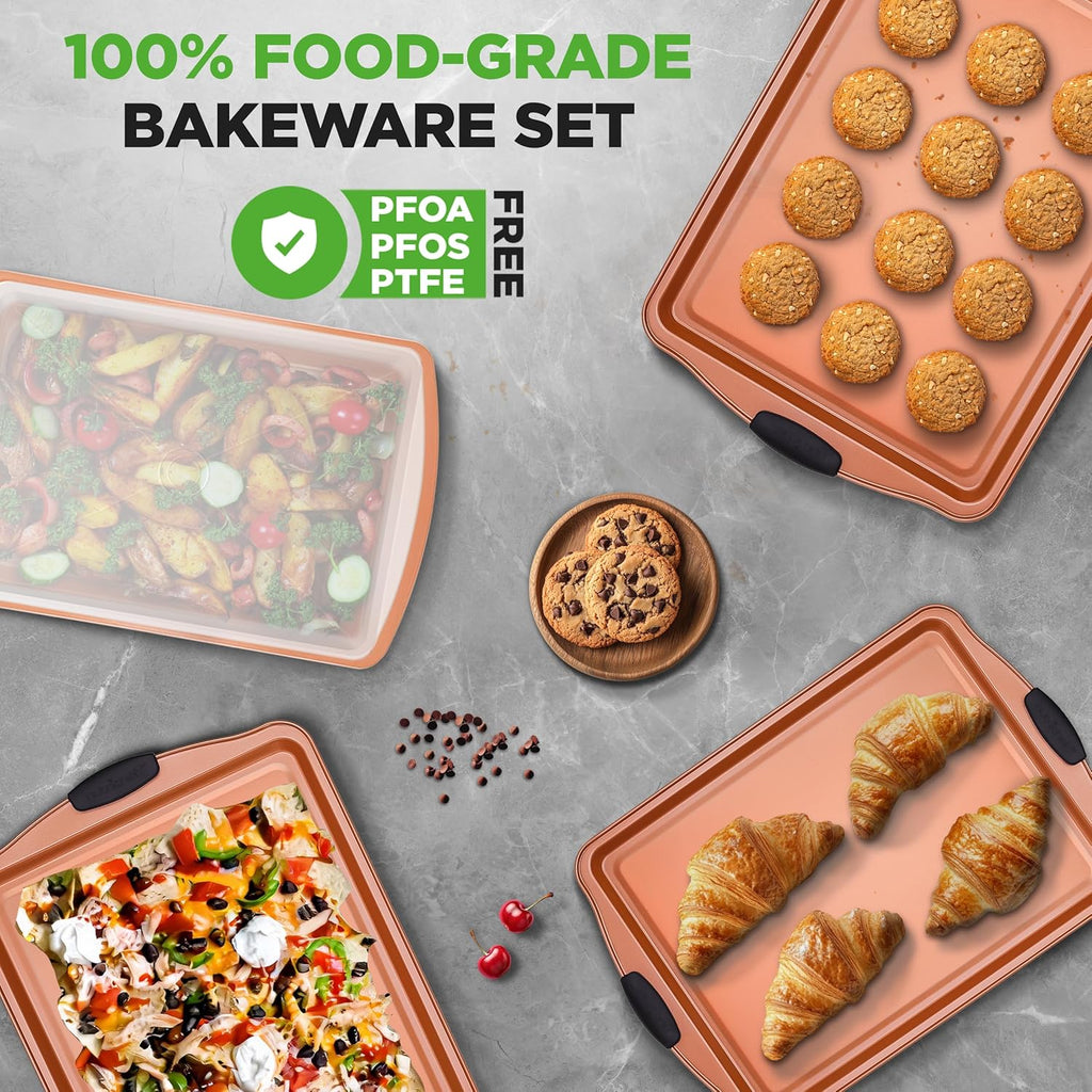 NutriChef 5 Piece Baking Pan Set - PFOA, PFOS, PTFE Free Flexible Nonstick Carbon Steel Bakeware Set - Home Kitchen Bake Pan Cookie Sheet Stackable Baking Tray Set w/Black Silicone Handles NC5PCS