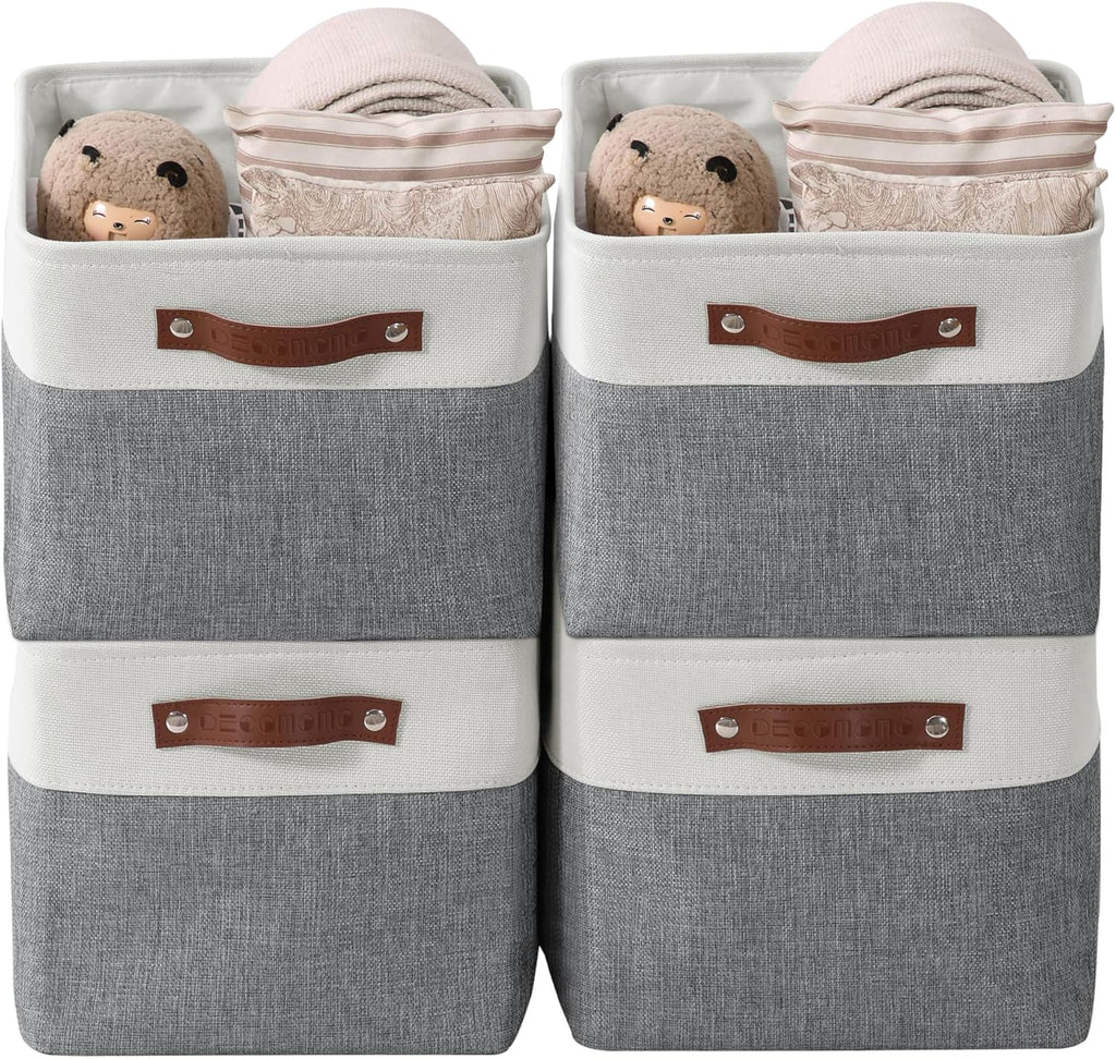 DECOMOMO Storage Baskets for Shelves - Fabric Storage Bins, Linen Closet Organizers and Storage (Slate Grey & White, Large - 4 Pack)