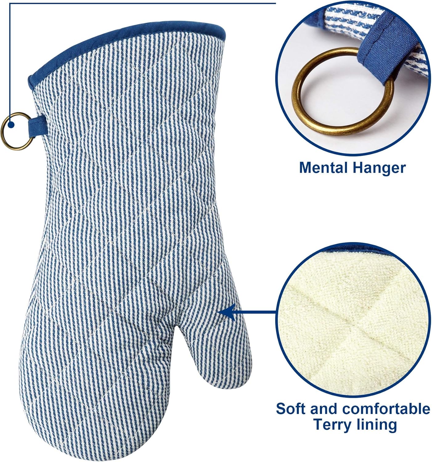 1 Pair Yarn Dyed Oven Mitts 100% Cotton Heat Resistant 470 Degree Gloves Men Women Cooking Baking Barbecue BBQ Microwave Crafting Machine Washable Pot Holders Mittens (blue2)