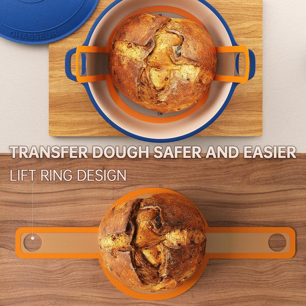 GUYDREMAT Silicone Baking Mat for Dutch Oven 2PCs - Non-stick Bread Sling - 8.3 Inch Reusable Bread Baking Mat – Silicone Cast in Iron Oven Liner with Long Handles for Artisan Bread