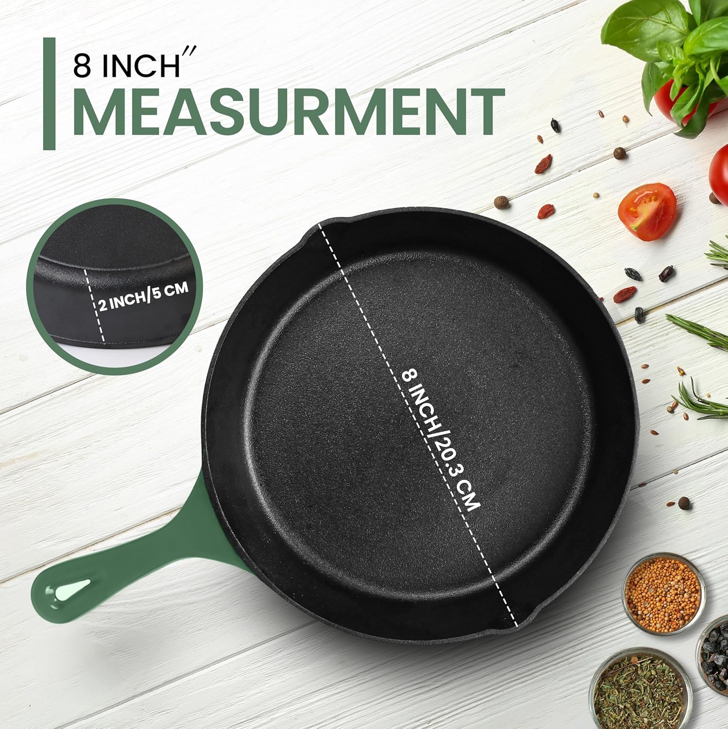 Utopia Kitchen Cast Iron Frying Pan 8 Inch, Cast Iron Chefs Pan, Pre Seasoned Skillet, Safe Grill Cookware for Indoor & Outdoor Use, Green