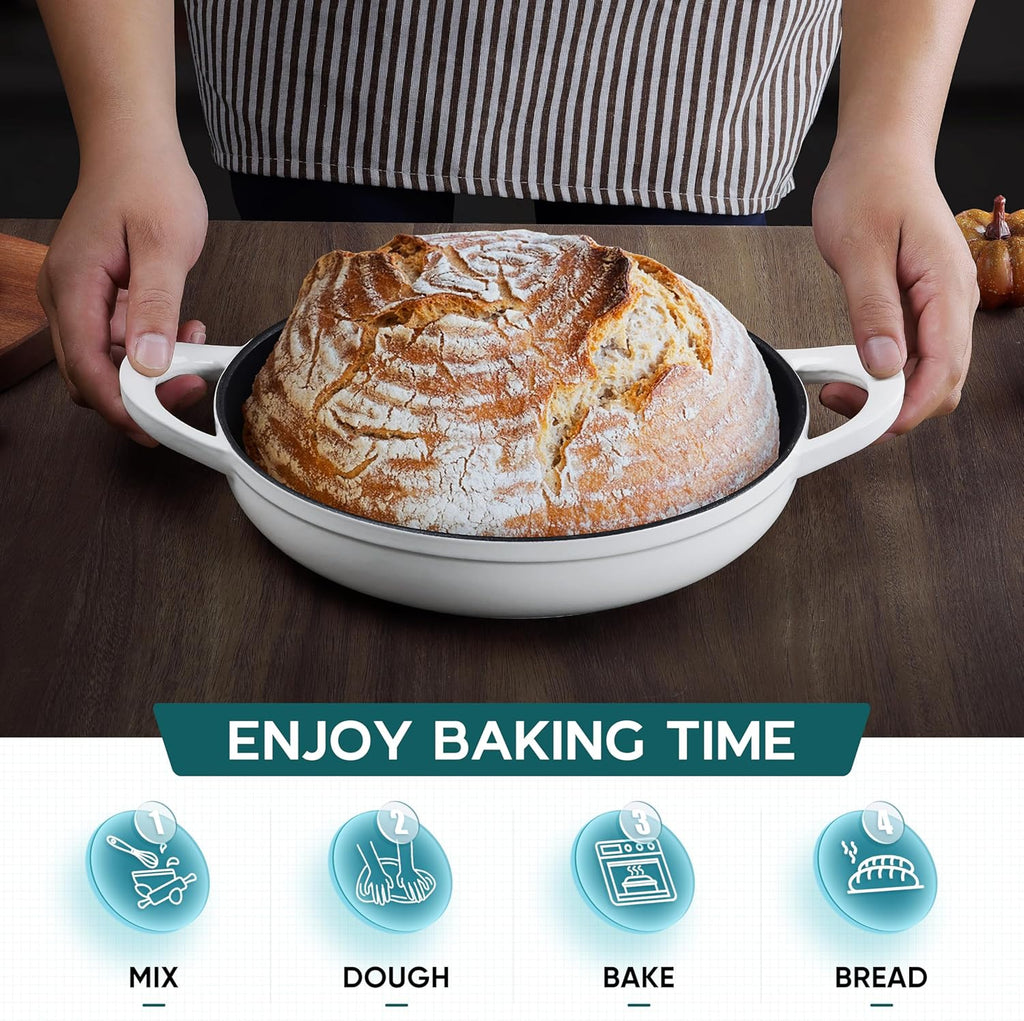 E-far Dutch Oven for Sourdough Bread Baking, 6 Qt Round Enameled Cast Iron Dutch Oven for Homemade Artisan Bread, Dome Lid & Shallow Base, Matte Black Interior & Durable, Oven-Safe to 500℉, White