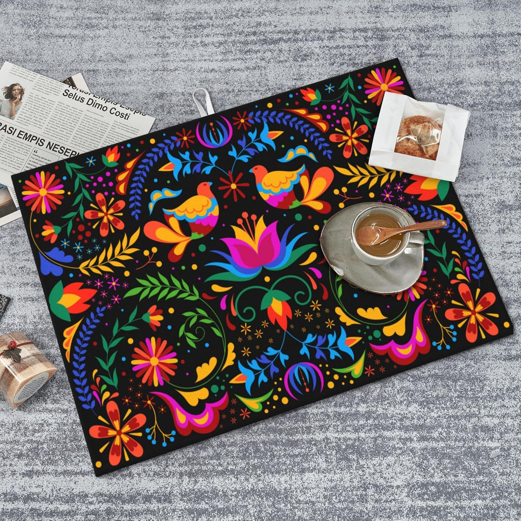 Mexican Flower Microfiber Dish Drying Mat for Kitchen Counter Mexican Dishes Pad Black Dish Drainer Rack Mats 18"x24" Absorbent Washable Reusable