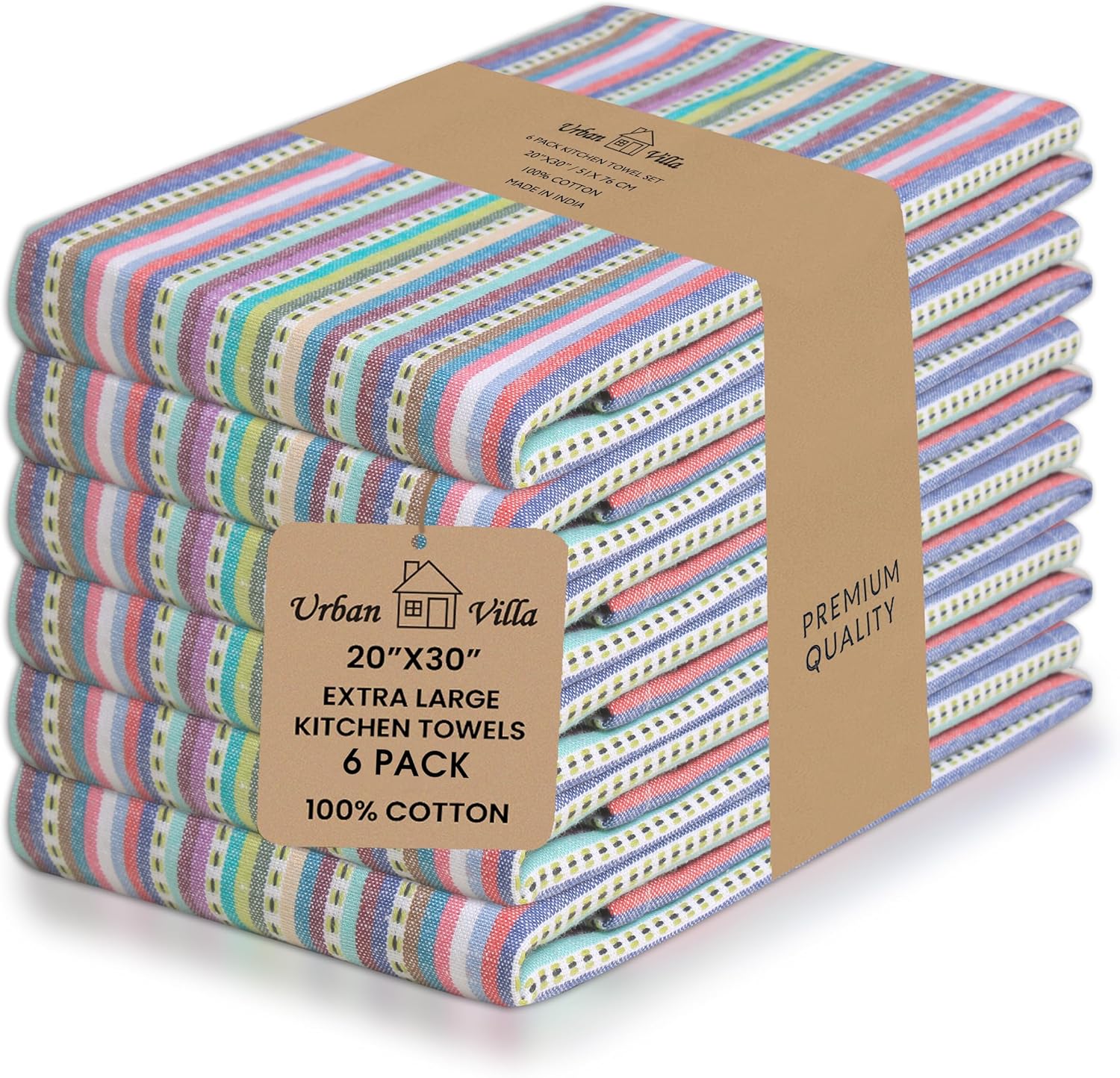 Urban Villa Kitchen Towels Blue Multi Dobby Stripes Premium Quality 100% Cotton Dish Towels Mitered Corners Ultra Soft (Size: 20x30 Inches) Highly Absorbent Bar & Tea Towels (Set of 6)