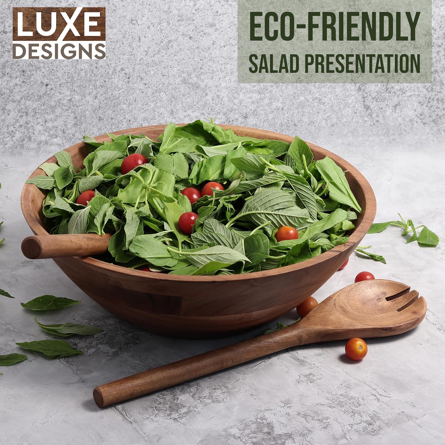 Luxe Designs Wooden Salad Bowl Set - Food Safe & Sustainable Decorative Bowl - Wood Bowl for Fruits, & Salads - Easy to Clean Large Salad Bowls Set w/Spoon, Fork – Wooden Bowls for Food (Natural)