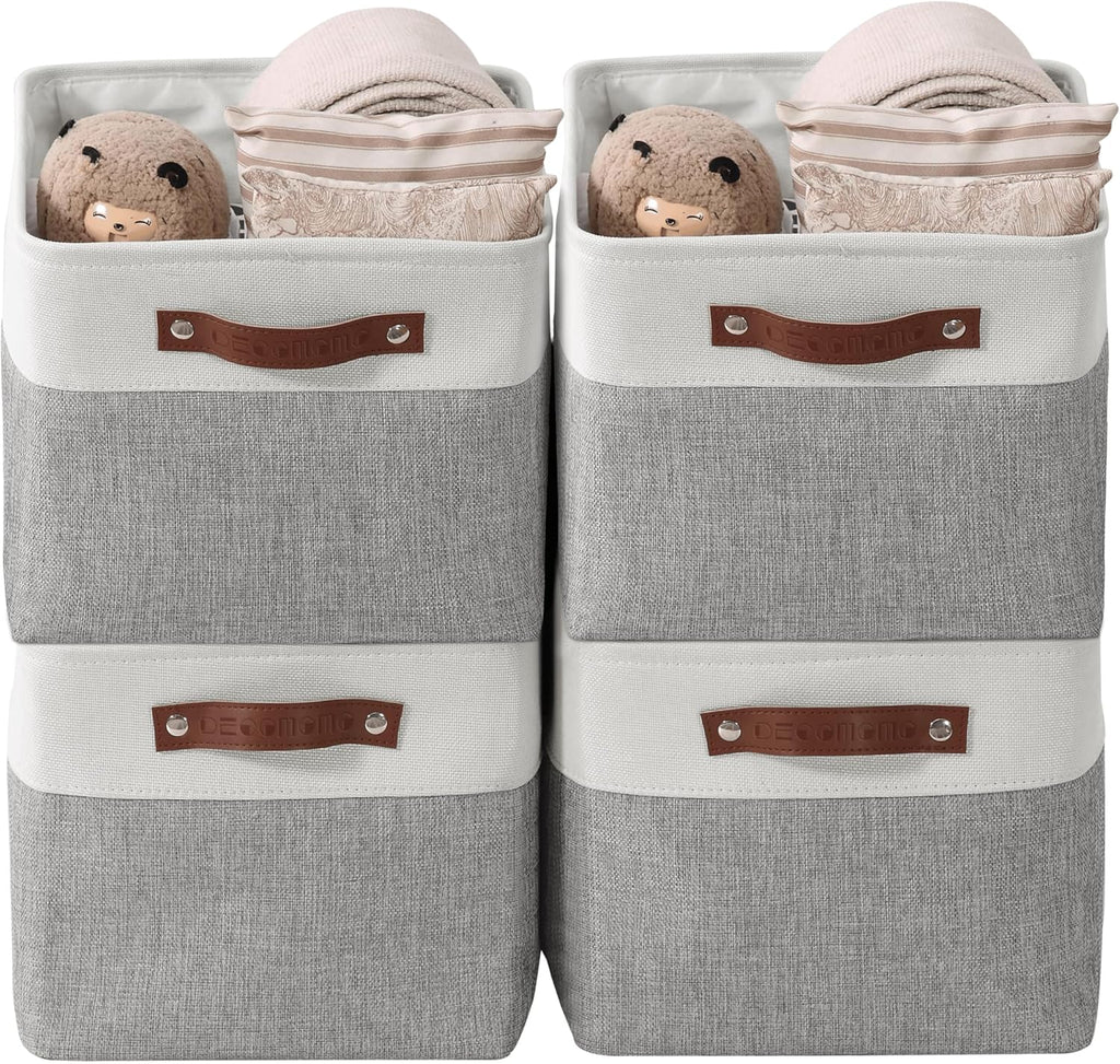 DECOMOMO Storage Baskets for Shelves - Fabric Storage Bins, Linen Closet Organizers and Storage (Grey & White, Large - 4 Pack)