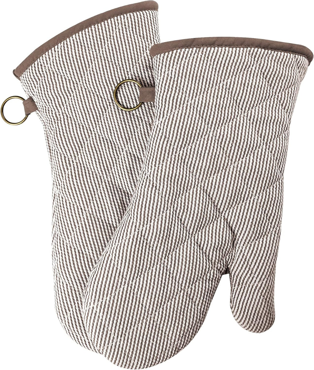1 Pair Yarn Dyed Oven Mitts 100% Cotton Heat Resistant 470 Degree Gloves Men Women Cooking Baking Barbecue BBQ Microwave Crafting Machine Washable Pot Holders Mittens (Khaki)