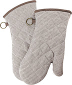1 Pair Yarn Dyed Oven Mitts 100% Cotton Heat Resistant 470 Degree Gloves Men Women Cooking Baking Barbecue BBQ Microwave Crafting Machine Washable Pot Holders Mittens (Khaki)