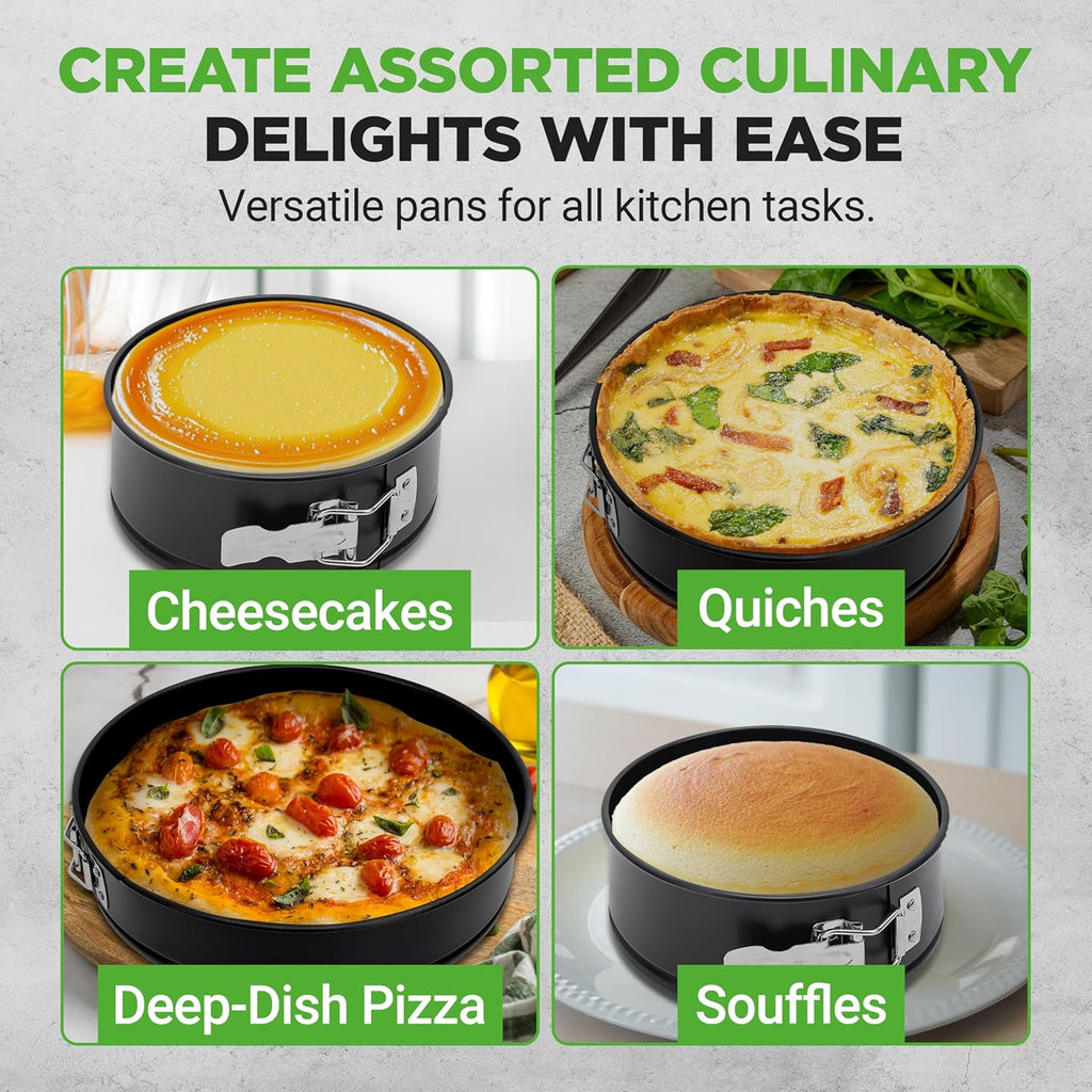 NutriChef 3 Piece Nonstick Springform Pan Set | 3 Tiered Sizes 6, 8 & 10 Inch Pans | Carbon Steel Cheesecake Pans | Stainless Steel Clasps | Oven Safe to 450 F | Includes 300 Parchment Papers | Black