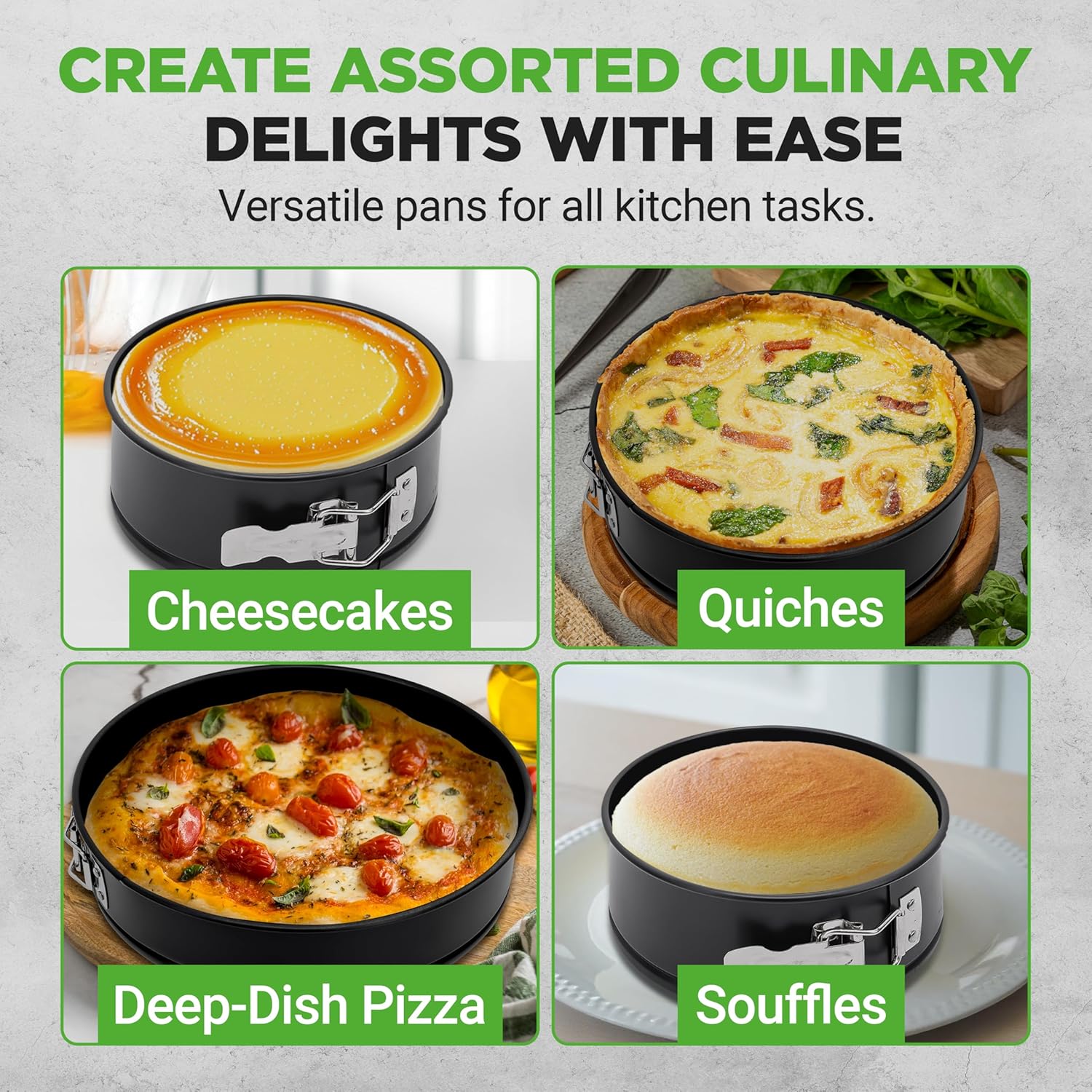 NutriChef 3 Piece Nonstick Springform Pan Set | 3 Tiered Sizes 6, 8 & 10 Inch Pans | Carbon Steel Cheesecake Pans | Stainless Steel Clasps | Oven Safe to 450 F | Includes 300 Parchment Papers | Black