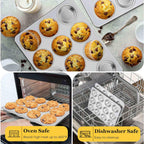 Homikit 2 Pack Muffin Pan, Stainless Steel Cupcake Tin with 12 Cups Regular Size, 13.8" x 10.4" Nonstick Metal Egg Bites Tray for Oven Baking, Non Toxic & Rust Free, Easy Release & Dishwasher Safe