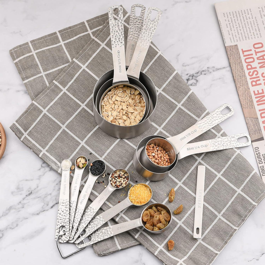 Measuring Cups and Spoons Set 12, Metric & US 18/8 Stainless Steel 5 Measuring Cups &6 Spoons &1 Leveler for Kitchen and Baking