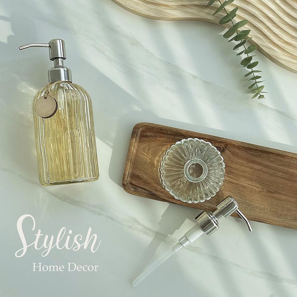 JASAI 2PACK 18 Oz Glass Soap Dispenser with Rust Proof Stainless Steel Pump, Refillable Hand Soap Dispenser with Vertical Stripe, Premium Bathroom soap Dispenser for Kitchen & Bathroom