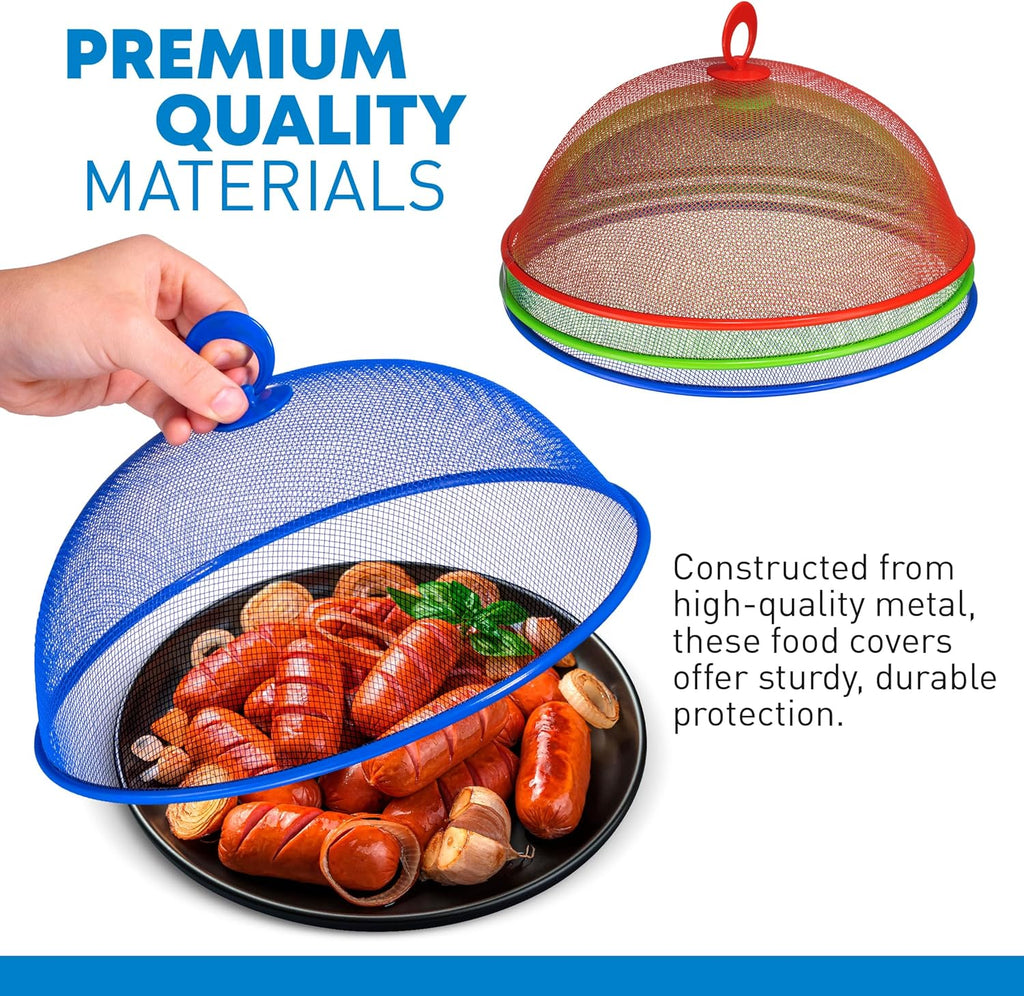 Metal Mesh Screen Food Cover Tent Umbrella, 10.75 inch, Reusable Outdoor Picnic Food Covers Mesh, Food Cover Net Keep Out Flies, Bugs, Mosquitoes (3 Pack, Green Blue Red)