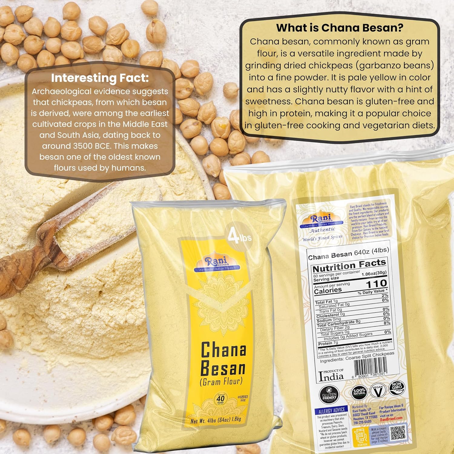 Rani Chana Besan (Chickpeas Flour, Gram) 64oz (4lbs) 1.81kg Bulk ~ All Natural | Vegan | Gluten Friendly | NON-GMO | Kosher | Indian Origin