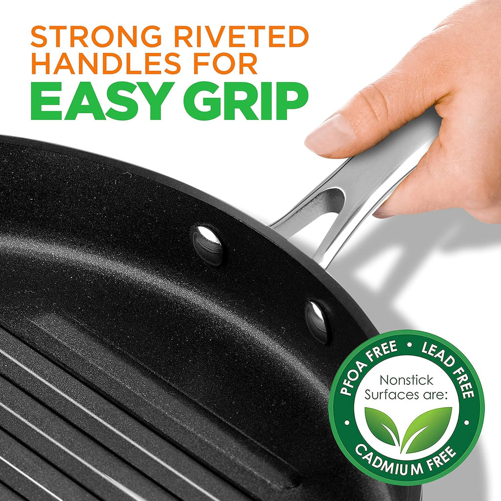 NutriChef Anodized Non-Stick Grill - Dishwasher Safe Nonstick Grill Pan Heavy Gauge Aluminum Body with Hard Anodized Surface for Even Heating, Max Temperature: 500° Fahrenheit (260° Celsius)