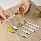 Accurate 18/8 Stainless Steel Measuring Spoons, Heavy Duty Good Handle Set of 6 Measuring Spoon with Ring Connector, Silver