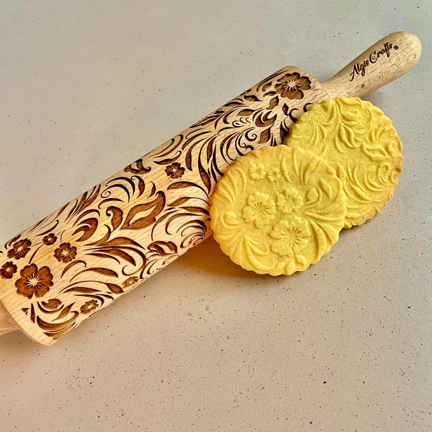Embossing Rolling Pin VERONICA with Elegant Bloom Pattern – Dough and Clay Roller for Embossed Cookies and Pottery - Cookie and Ceramic Stamp - Baking Gifts for Women by Algis Crafts
