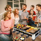 TAMARIT 8-Person Raclette Grill, Electric Party Grill with Nonstick grill & crepe Plates, 8 Pans & Spatulas, 1500W (Indoor), Stainless Steel