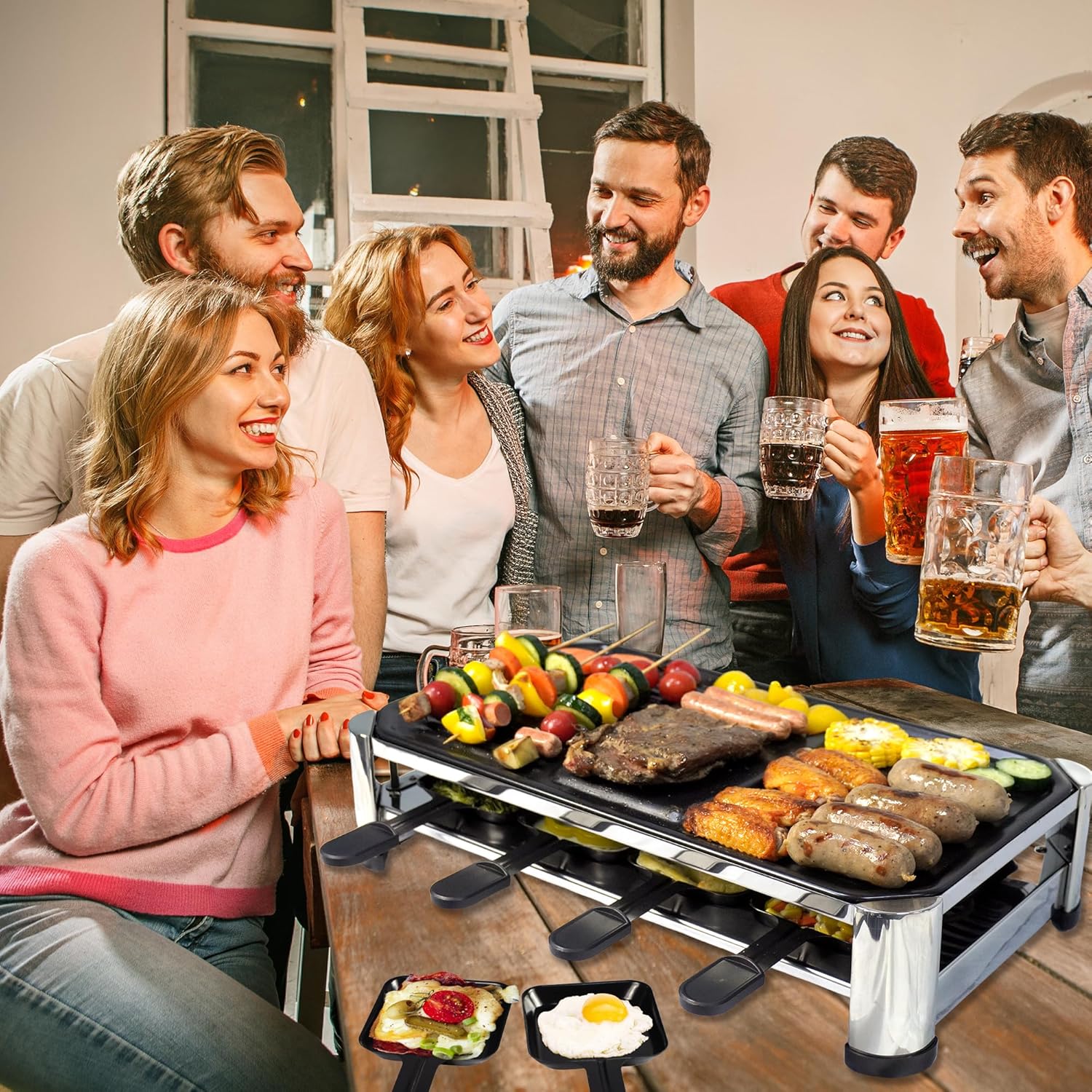 TAMARIT 8-Person Raclette Grill, Electric Party Grill with Nonstick grill & crepe Plates, 8 Pans & Spatulas, 1500W (Indoor), Stainless Steel