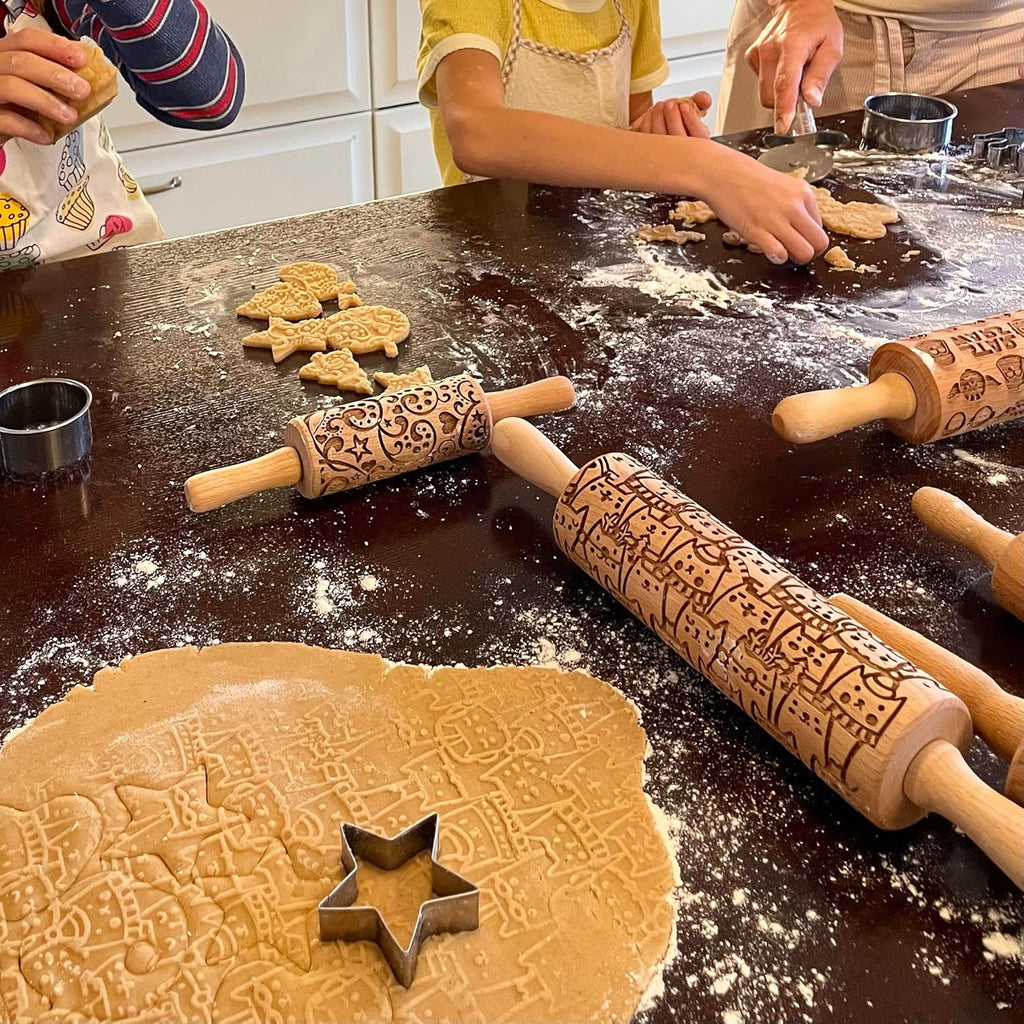 CHRISTMAS FEST 3 Mini Embossed Rolling Pin Set. Wooden Laser Engraved Textured rolling pins for Cookies, Modeline, Ceramic with Skulls, Bats, Halloween by Algis Crafts