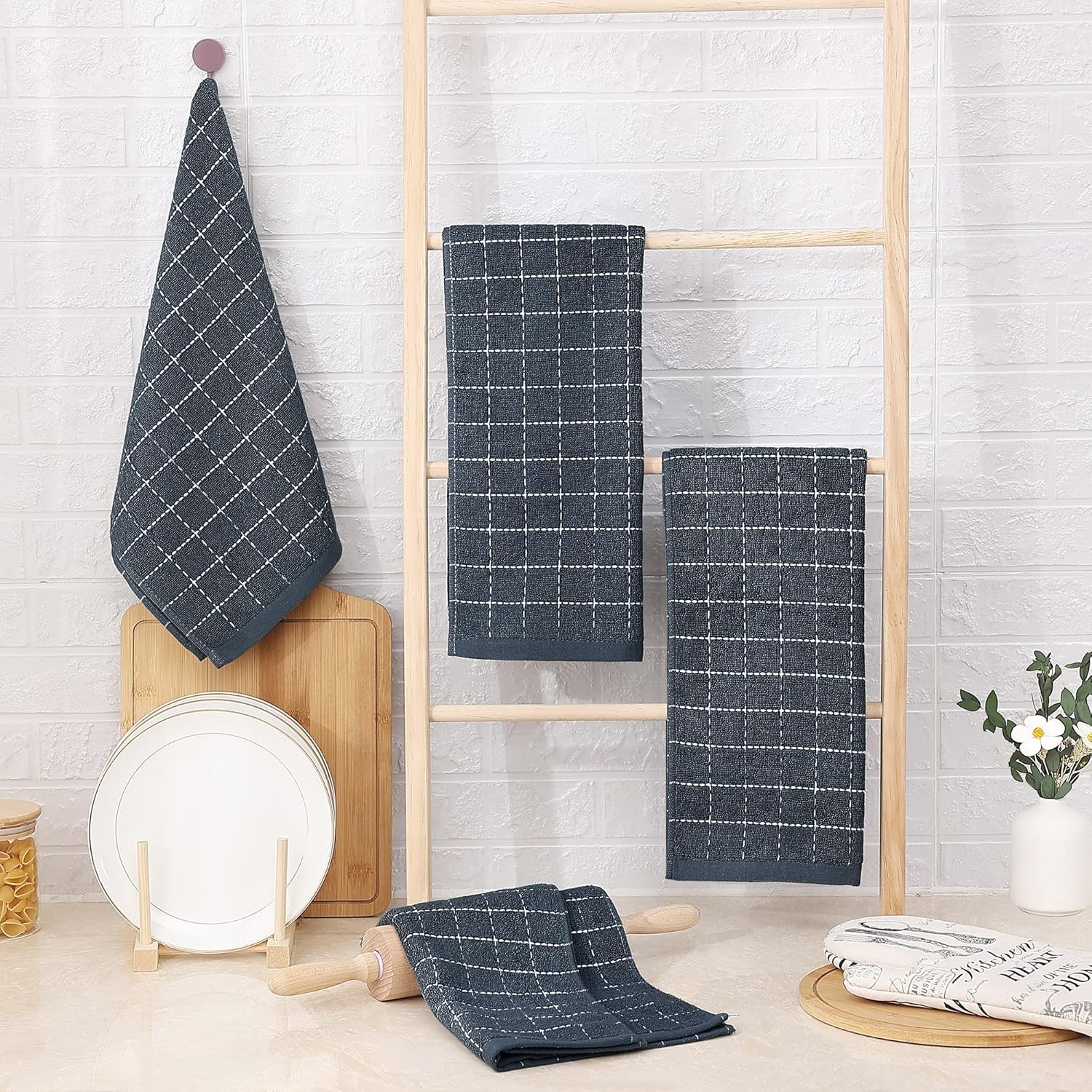 Homaxy 100% Cotton Terry Kitchen Towels(Dark Grey, 13 x 28 inches), Checkered Designed, Soft and Super Absorbent Dish Towels, 12 Pack