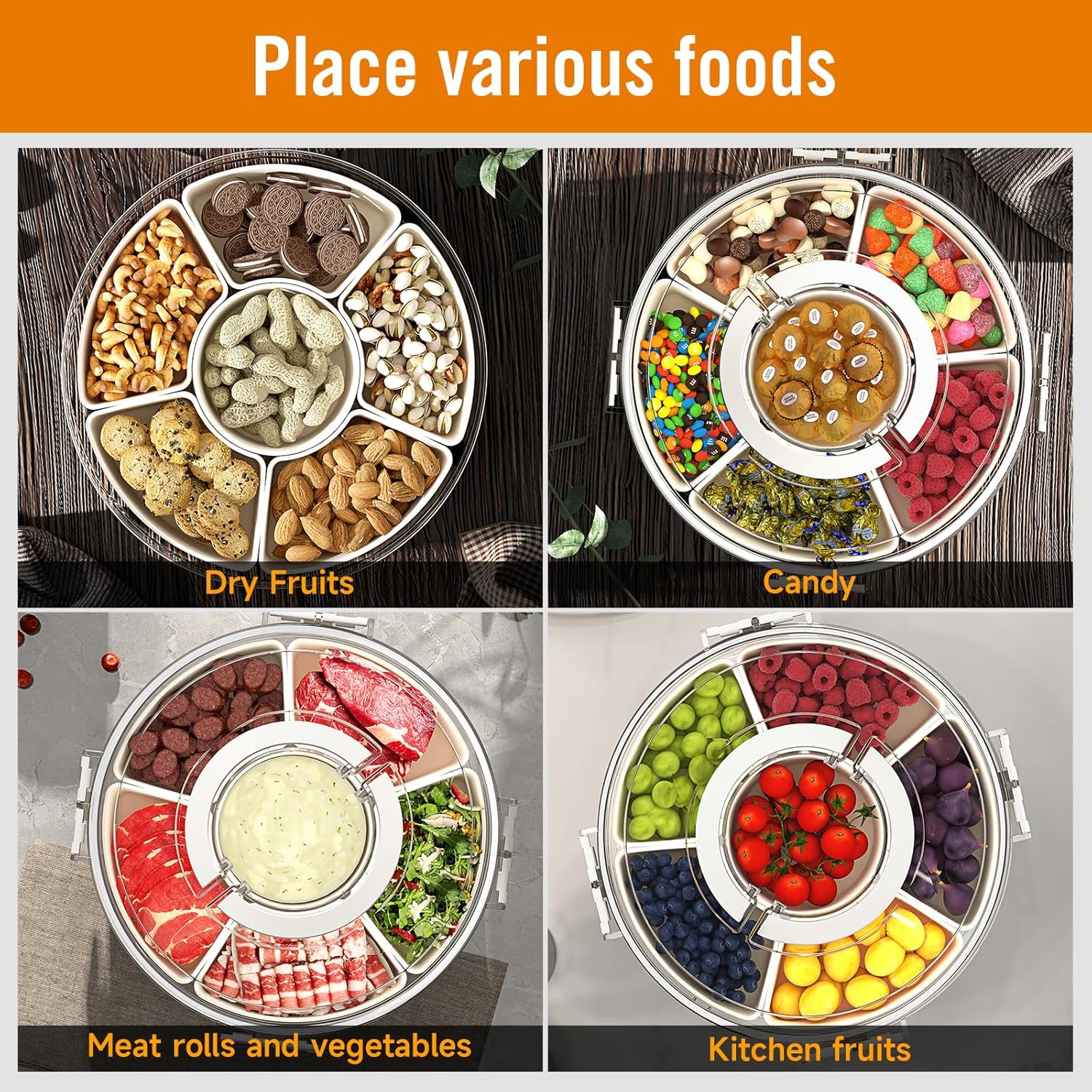 Small Divided Rotating Serving Tray with Lid and Handle,Portable Snackle Box Container,Spinner Organizer and Storage for Adults,Child,Fruits,Candy,Nuts,Veggie,Charcuterie,Snacks,Picnic,Travel, Party