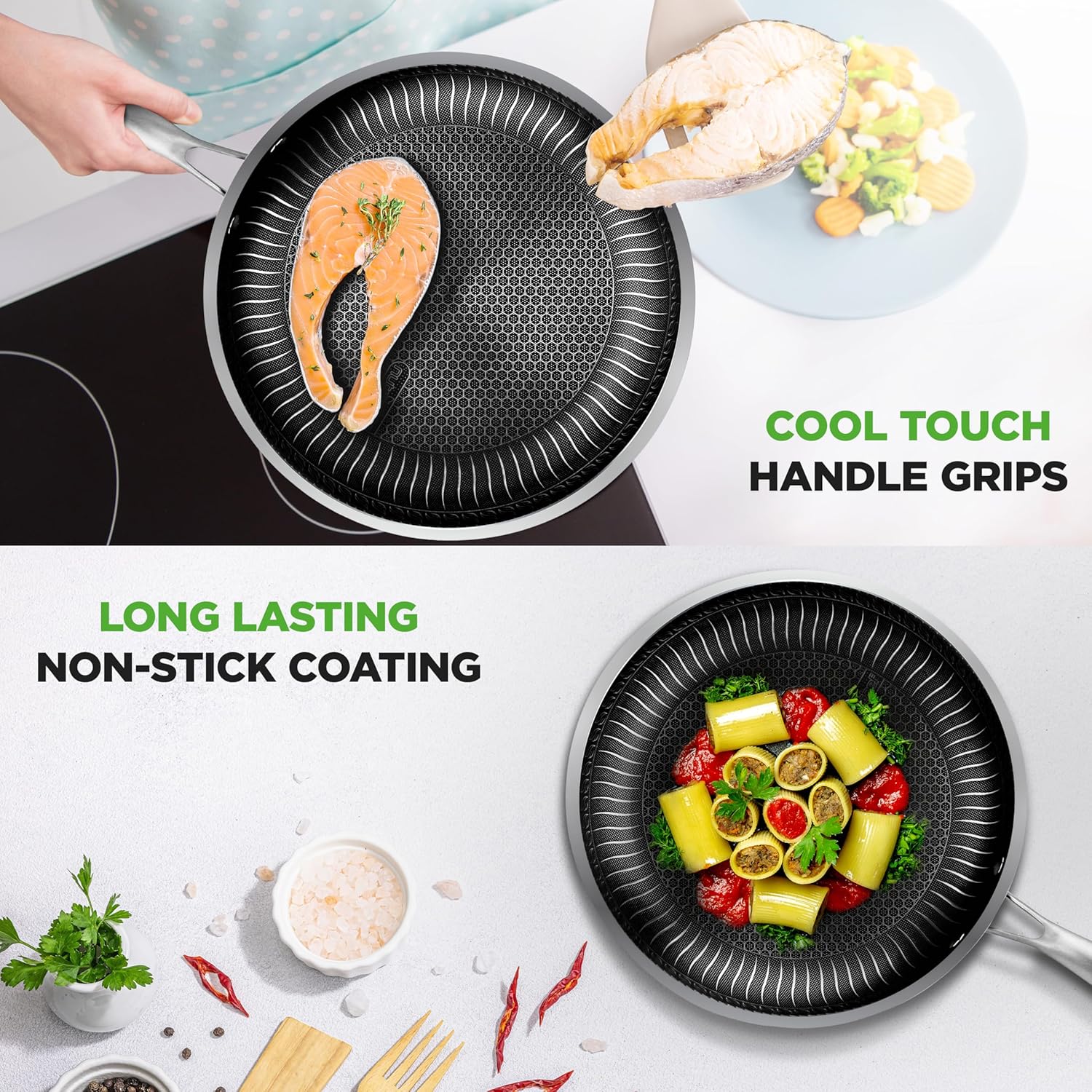 NutriChef 7-Piece Tri-Ply Stainless Steel Frying Pan Set & Wok – Nonstick, Induction Compatible, Oven Safe, Scratch-Resistant, Dishwasher Safe