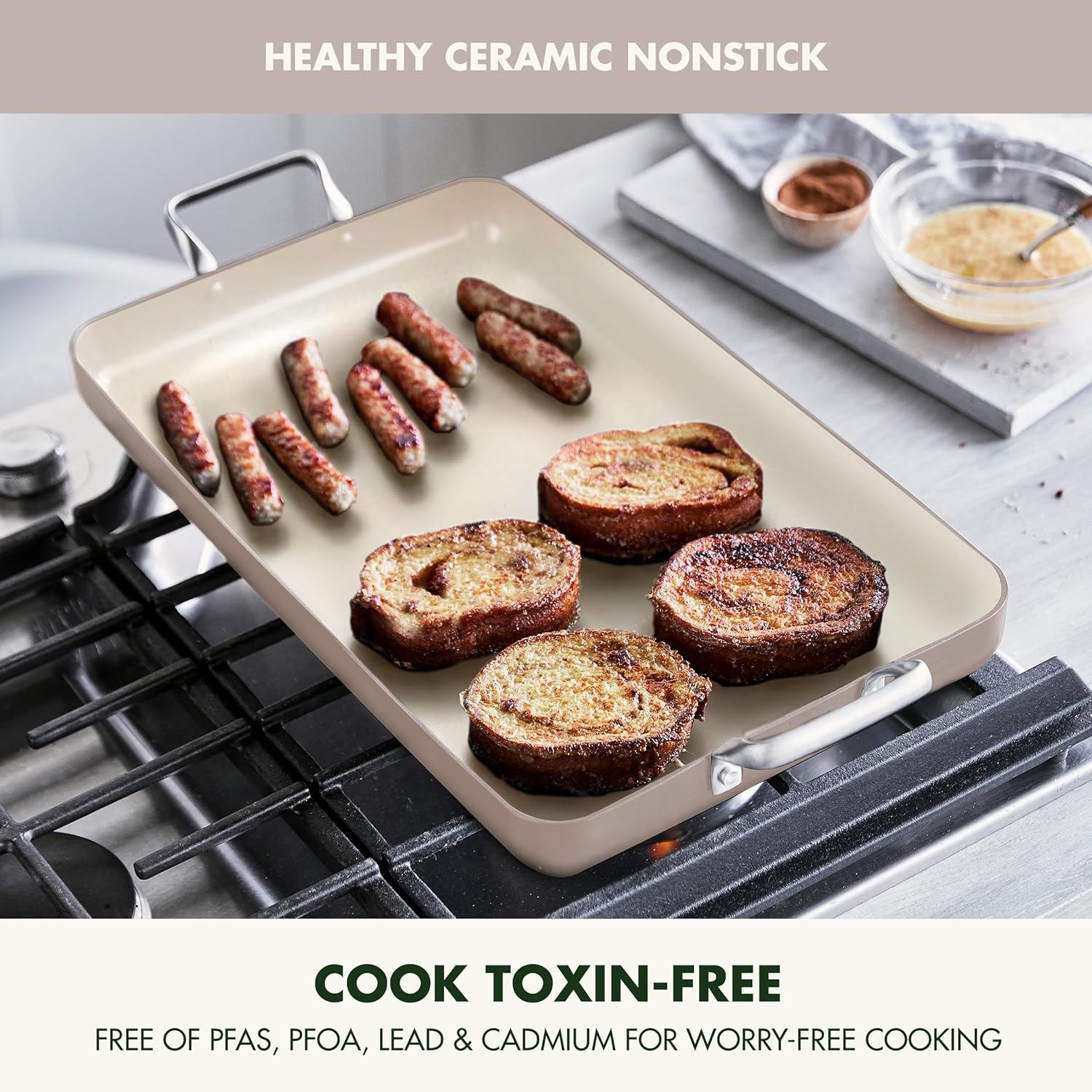GreenPan 18" x 11" Double Burner Griddle Pan, Hard Anodized Healthy Ceramic Nonstick PFAS-Free, Stainless Steel Handles, Stovetop Cooking, Dishwasher Safe, Oven & Broiler Safe Cookware, Taupe