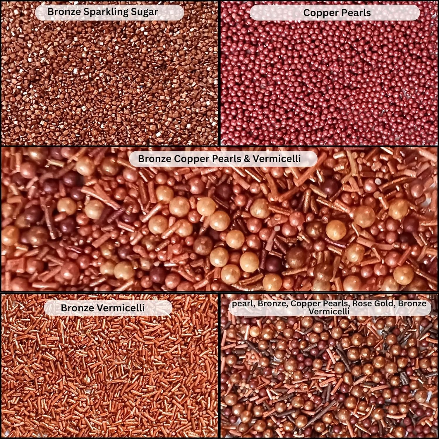 Confect Metallic Sprinkles Mix –Edible Pearl Dragees in Copper, Bronze & Rose Gold – Jimmies & Sparkling Sugar – Elegant Sprinkles for Cake & Cupcake Decorating- Vegan, Gluten-Free, Nut-Free, Soy-Free, Dairy-Free, Palm Oil-Free- 5 Oz