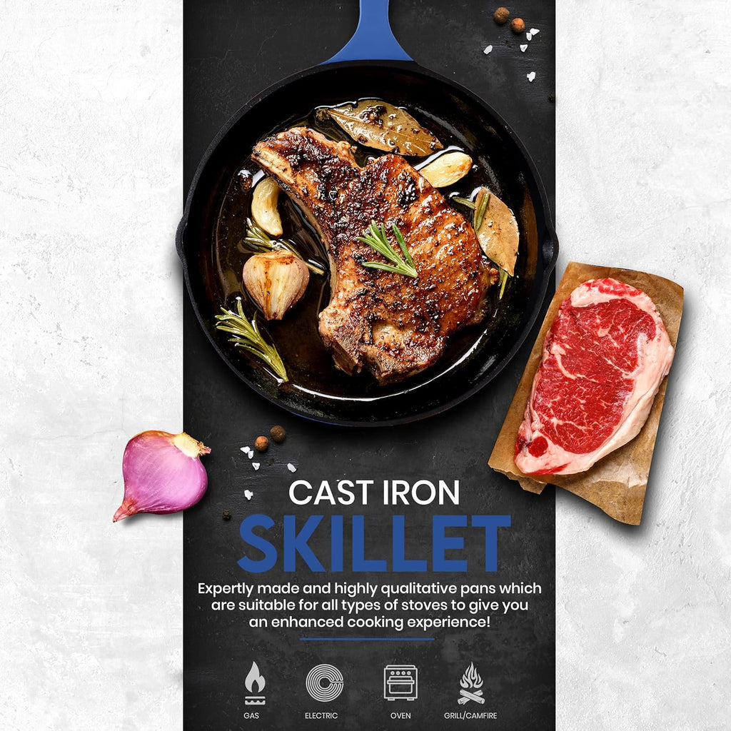 Utopia Kitchen Cast iron Skillets 3 Piece Set, Chefs Pan, Pre Seasoned Cast iron Skillets, 6, 8 & 10 Inches, Easy Use in the Oven, Stove, Grill, or Campfire, Blue