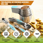 Spring Chef Magnetic Measuring Cups & Spoons Set (Patent Pending), Strong Magnets, Heavy Duty Stainless Steel Fits in Spice Jars for Baking & Cooking, BPA Free, Round Set of 15 with Leveler, Aqua Sky