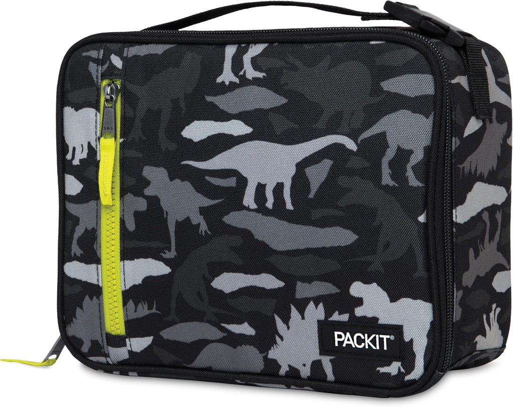 PackIt Freezable Classic Lunch Box, Dino Camo Charcoal, Built with EcoFreeze Technology, Collapsible, Reusable, Zip Closure With Zip Front Pocket and Buckle Handle, Designed for Lunches